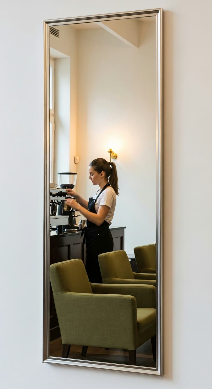 A barista grinding fresh coffee at the espresso machine, reflected in a tall mirror