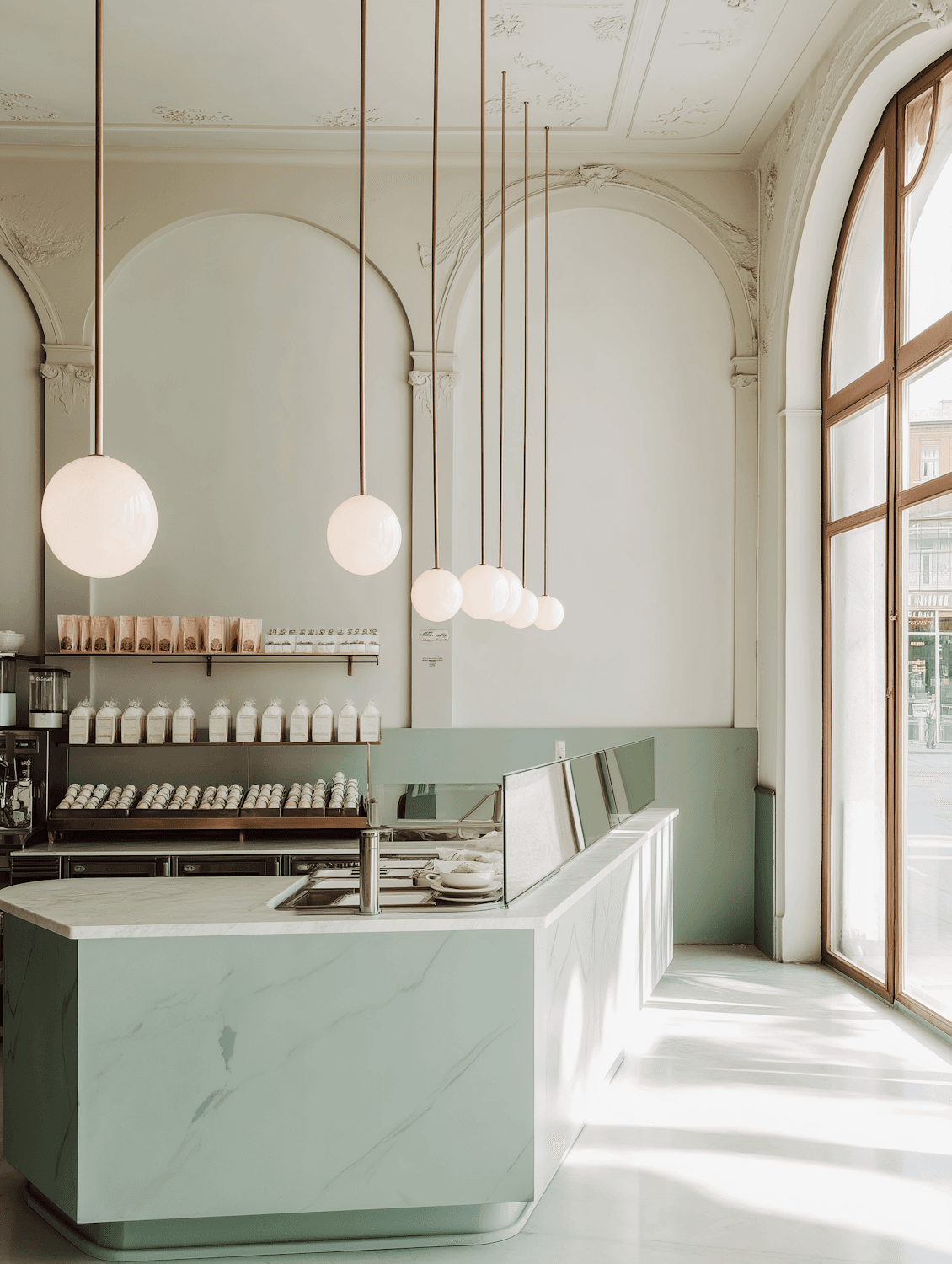 Sunlit café with a marble counter, globe pendant lights and tall arched windows